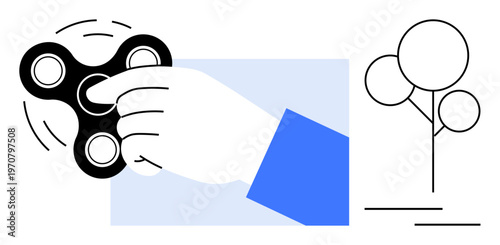 Stress relief, mindfulness, focus improvement, modern hobbies, relaxation, stress management. Hand spinning a fidget toy with a minimalist tree nearby. Stress relief and mindfulness concept