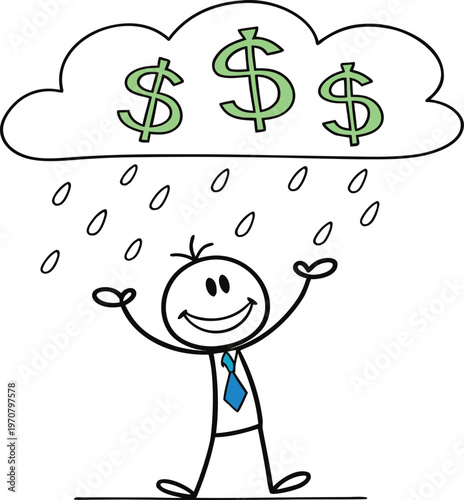 Happy stickman celebrating under raining money symbols representing financial success passive income earnings prosperity luck and wealth growth concept simple doodle illustration isolated 