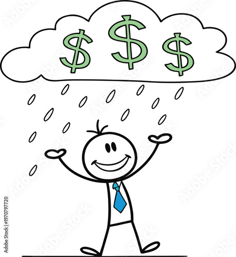 Happy stickman celebrating under raining money symbols representing financial success earnings prosperity luck and wealth growth concept simple doodle illustration 