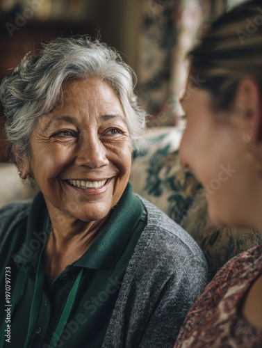 Heartwarming Interaction Between Two Generations Smiling and Sharing Joyful Moments in a Cozy Living Space Together. Generative AI