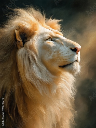 Majestic lion with a flowing mane gazes confidently into the distance exuding regal strength and majestic beauty in a vibrant natural setting. Generative AI