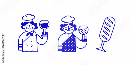 Stylized illustration of chefs toasting with wine and a baguette