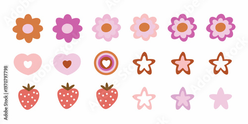 Colorful collection of retro style floral fruit and star shaped stickers