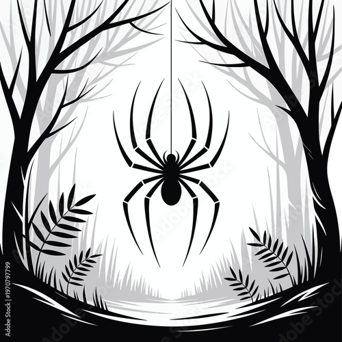 large spider descending in a dark spooky forest