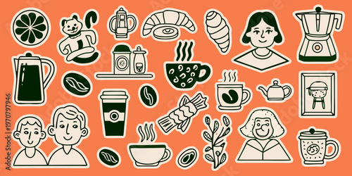 Collection of hand drawn stickers featuring coffee pastries and people