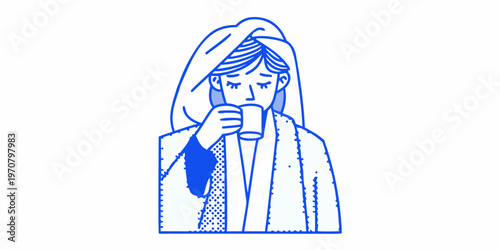 Woman with a towel on her head drinking from a mug