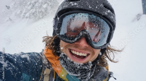 Joyful skier enjoying fresh powder in a snowy mountain landscape wearing goggles and a helmet capturing the thrill of winter sports and adventure. Generative AI