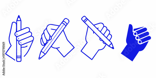 Four hands holding or gesturing with writing implements in blue