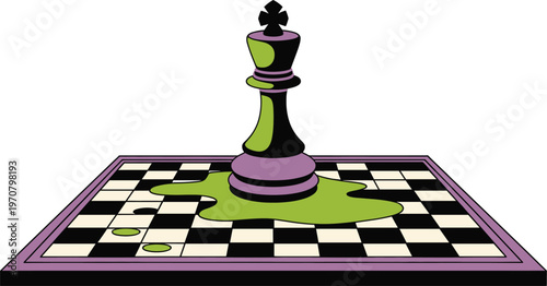 A purple and green chess piece on a checkered board with green liquid