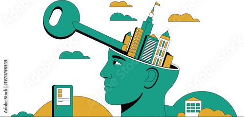 Teal human head with cityscape and large key