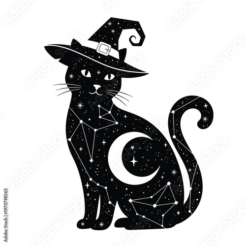 Enchanting celestial cat wearing a witch hat, gazing under a starry night sky illustration.