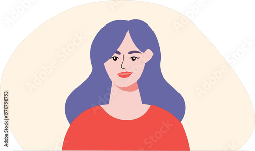 Cartoon woman with long purple hair and red shirt smiling slightly