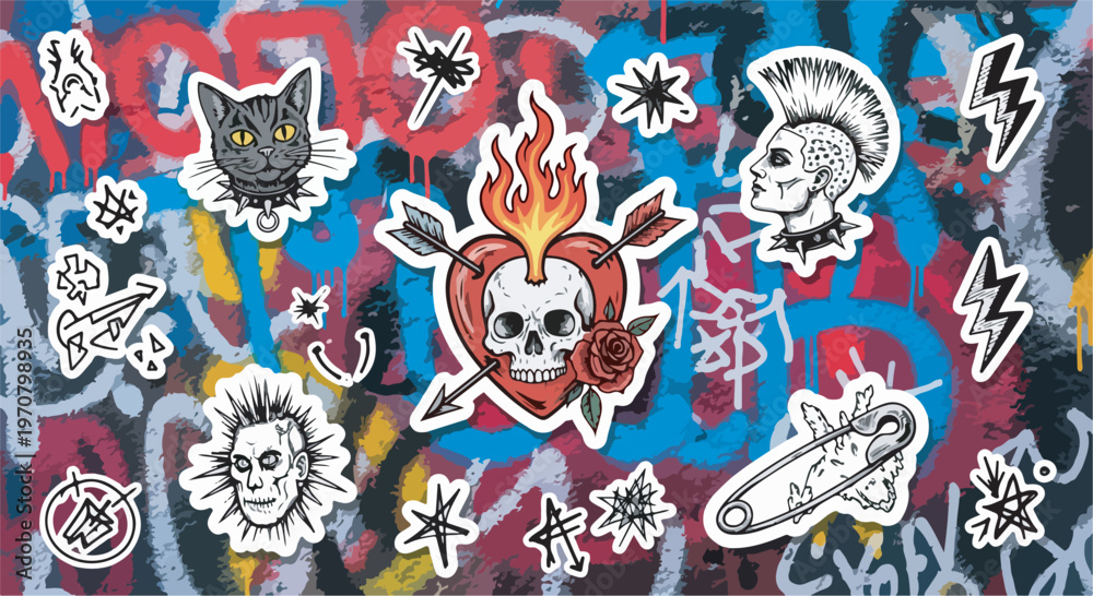 Naklejka premium Urban graffiti art with skulls, roses, and black cat stickers eps 10