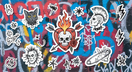 Urban graffiti art with skulls, roses, and black cat stickers eps 10
