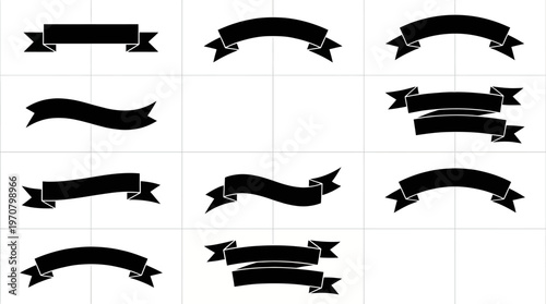 Vector ribbon banner icons set decorative silhouettes outline black white curved folded pointed ends minimalist design graphic elements labels logos text placement illustration