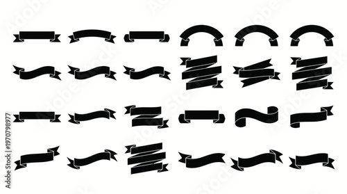 Vector ribbon banner icons set decorative silhouettes outline black white curved folded pointed ends minimalist design graphic elements labels logos text placement illustration