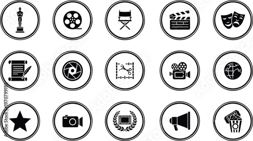 Vector set of movie award icons featuring trophy best picture director actor screenplay cinematography editing and documentary symbols for film festival and cinema industry.