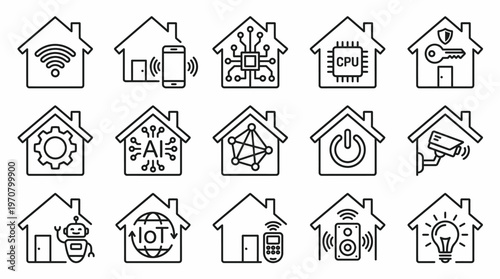 Vector smart home icons set line style technology automation IoT connectivity AI security devices Wi-Fi smartphone chip gear speaker robot minimalist design illustration