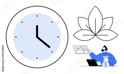 Work-life balance, eco-living, time tracking, financial savings, investment, online services. Clock, leaf and person handling documents. Time tracking and eco-living focus on better productivity