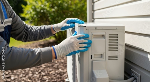 A person in protective gloves working on an outdoor electrical unit