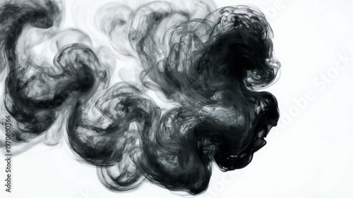 Dynamic black smoke swirls and billows forming an abstract wave pattern isolated against a solid white background. Detailed textures of wispy smoke and dark turbulent clouds.