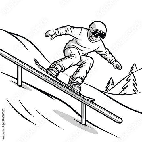 snowboarder performing a rail slide trick black and white illustration