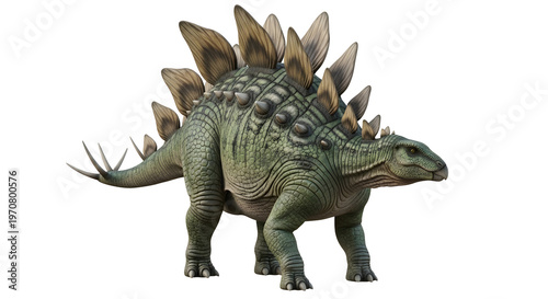 Green stegosaurus dinosaur on white background, studio shot