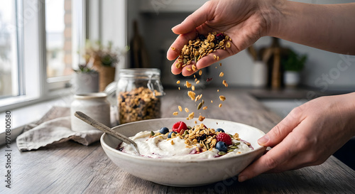 A man adds granola to a bowl of skyr in a cozy kitchen
