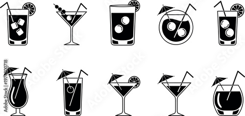 WebSet of cocktail and cold drink silhouettes with glasses, straws, lemon slices and umbrellas, bar beverage collection, summer refreshment icons, minimal vector illustration