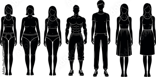 Black silhouette collection of diverse male and female body types, fashion outfits and poses, human anatomy variation, lifestyle figures, minimal vector illustration isolated on white background