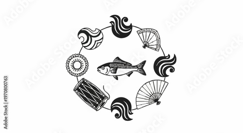 Bengali New Year fish illustration with waves