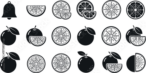 Citrus fruit icon set with oranges and slices, fresh organic food symbols collection, minimal black silhouette vector illustration for juice, healthy lifestyle design