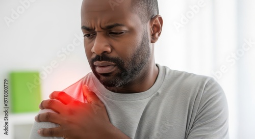 A man clutching his chest in pain with a red glow indicating discomfort or injury.