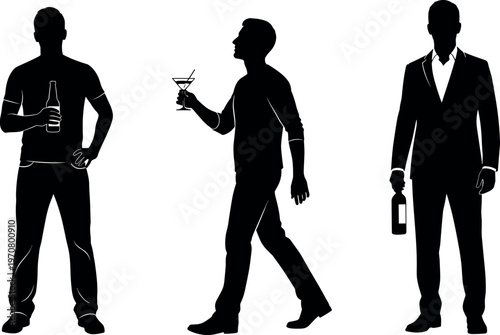 Male silhouette set with drinks including beer bottle, cocktail glass and wine, nightlife lifestyle concept, party people collection, minimal vector illustration isolated on white background