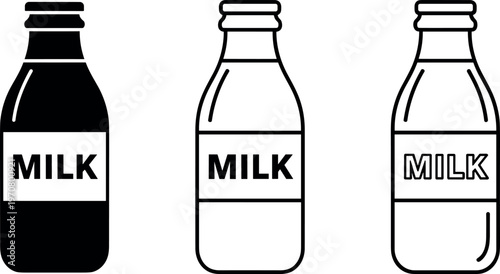 Milk bottle silhouette set with filled and outline styles, dairy product packaging icons, minimal vector illustration for food, beverage branding isolated on white background