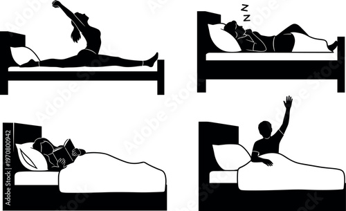 Minimal black silhouette illustration showing morning stretching, sleeping, bedtime reading and waking up routines on bed, healthy daily lifestyle, sleep cycle, wellness concept at home