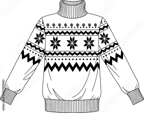 Nordic winter sweater with snowflake pattern design, cozy knitted turtleneck pullover illustration, Christmas holiday clothing, warm fashion apparel vector isolated on white background
