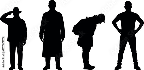 Set of male silhouette poses including salute, standing, bending and confident stance, human body language collection, minimal vector illustration isolated on white background