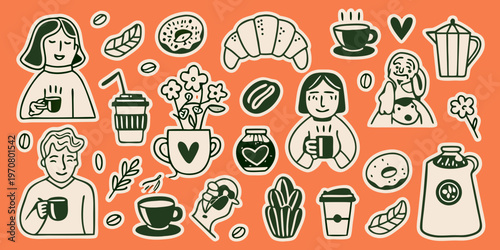 A colorful doodle illustration featuring coffee pastries and people