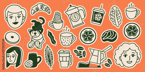 A collection of hand drawn stickers featuring coffee pastries and people