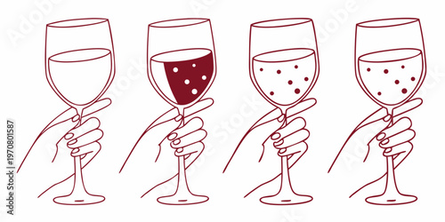 Four wine glasses held by hands displaying varying liquid levels