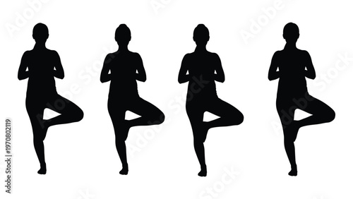 Silhouette series depicting four women performing a tree pose yoga variation