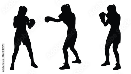 Silhouette of three female boxers in dynamic fighting poses against a white background