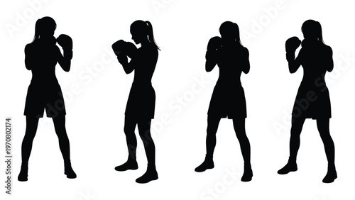 Four female silhouettes engaged in boxing stances depicted in a dynamic sequence