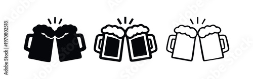 Clinking beer mugs icons. Cheers and celebration symbol. Oktoberfest and party drink vector illustration.