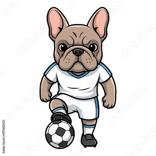 French bulldog soccer player dribbling ball forward, cartoon dog mascot athlete in white uniform, cute puppy football character for team logo, kids sports design, isolated vector illustration