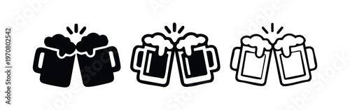 Clinking beer mugs icons. Cheers and celebration symbol. Oktoberfest and party drink vector illustration.