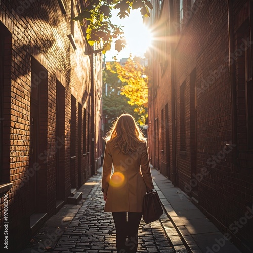 Woman walking down a sunlit alleyway in an old city.