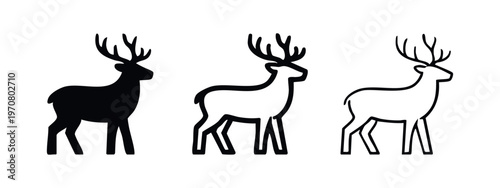Deer stag icons set. Wild animal symbol with large antlers in different styles on a white background.