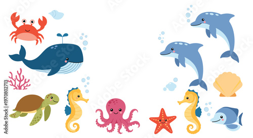 Comprehensive set of cute cartoon sea animals including a whale, dolphins, octopus, sea turtle, and seahorses in the ocean.